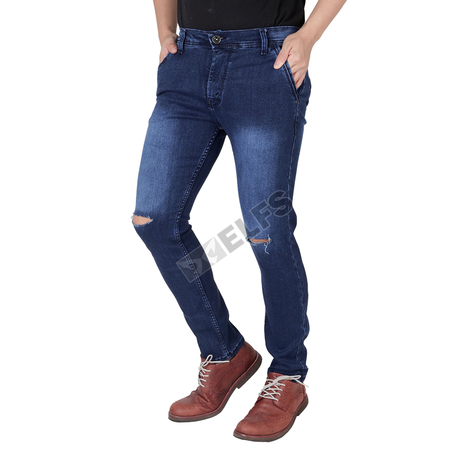  Celana  Panjang Pria sobek  Knee Ripped Jeans Slimfit Biru 