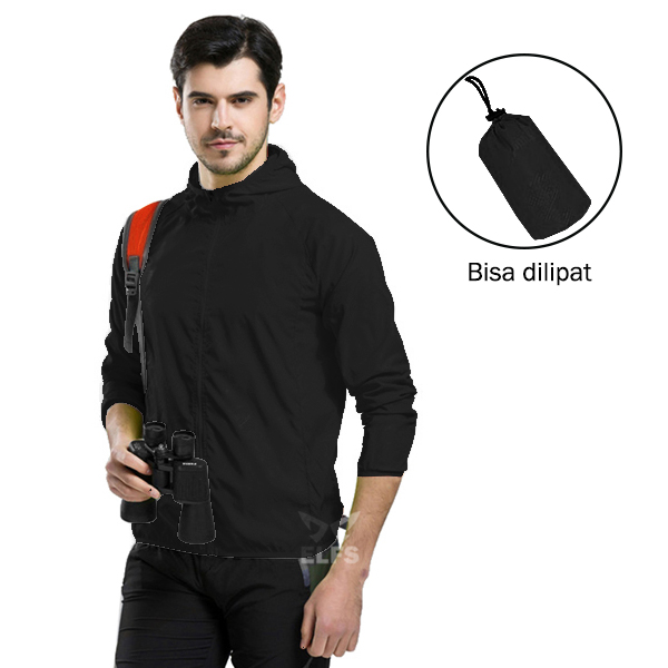 Jaket Pria Lipat Parasut Water Resistant Simple Hiitam 