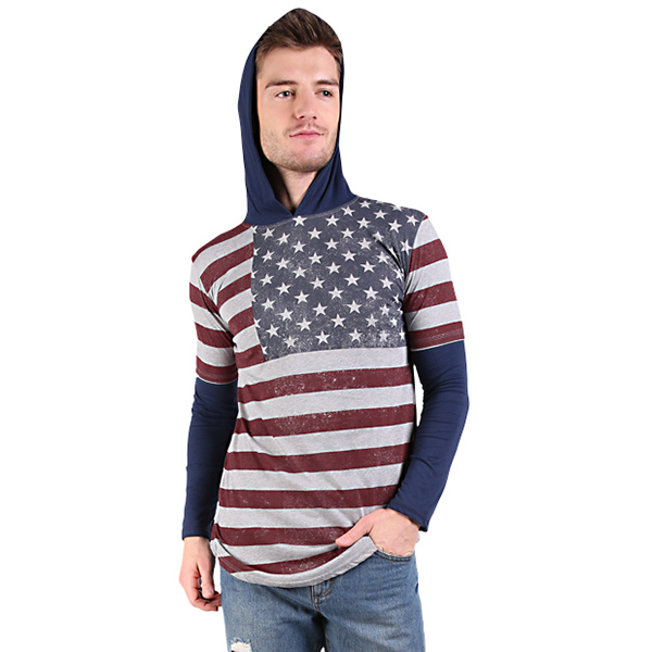  Kaos  Hoodie  Pria Lengan  Panjang  Longfit America Biru 