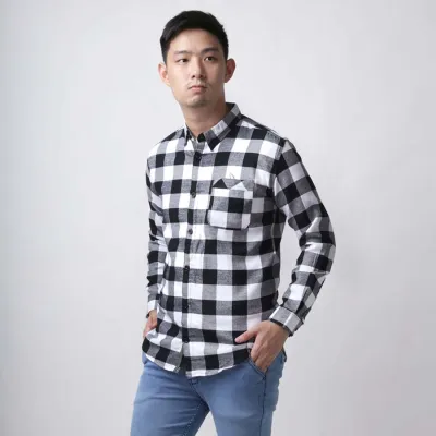  Kemeja  Flanel Pria Lengan Panjang Motif Kotak 01 Hitam  