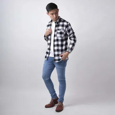 KEMEJA PANJANG Kemeja Flanel Pria Lengan Panjang Motif Kotak 01 Hitam Putih 2 kffj_flanel_01hx_px1