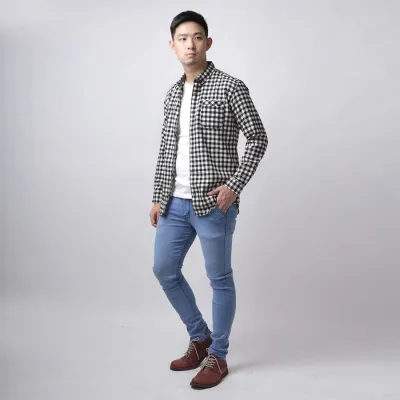  Kemeja  Flanel Pria Lengan Panjang Motif Kotak 02 Hitam  