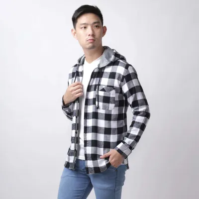 Kemeja Flanel Pria Hoodie Lengan Panjang Motif Kotak 01 