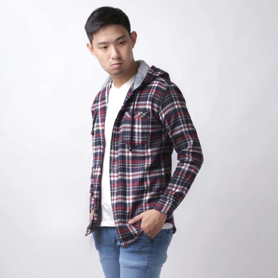 Kemeja Flanel Pria Hoodie Lengan Panjang Motif Kotak 03 Navy Merah Cabe