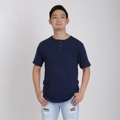  KAOS  PRIA  ONECK KATUN KANCING ETNIK  NAVAJO T SHIRT BIRU 